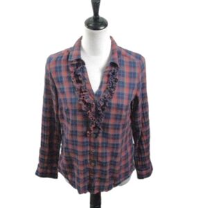 Ruff Hewn Orange/Navy Plaid Ruffle Front Blouse Size PS